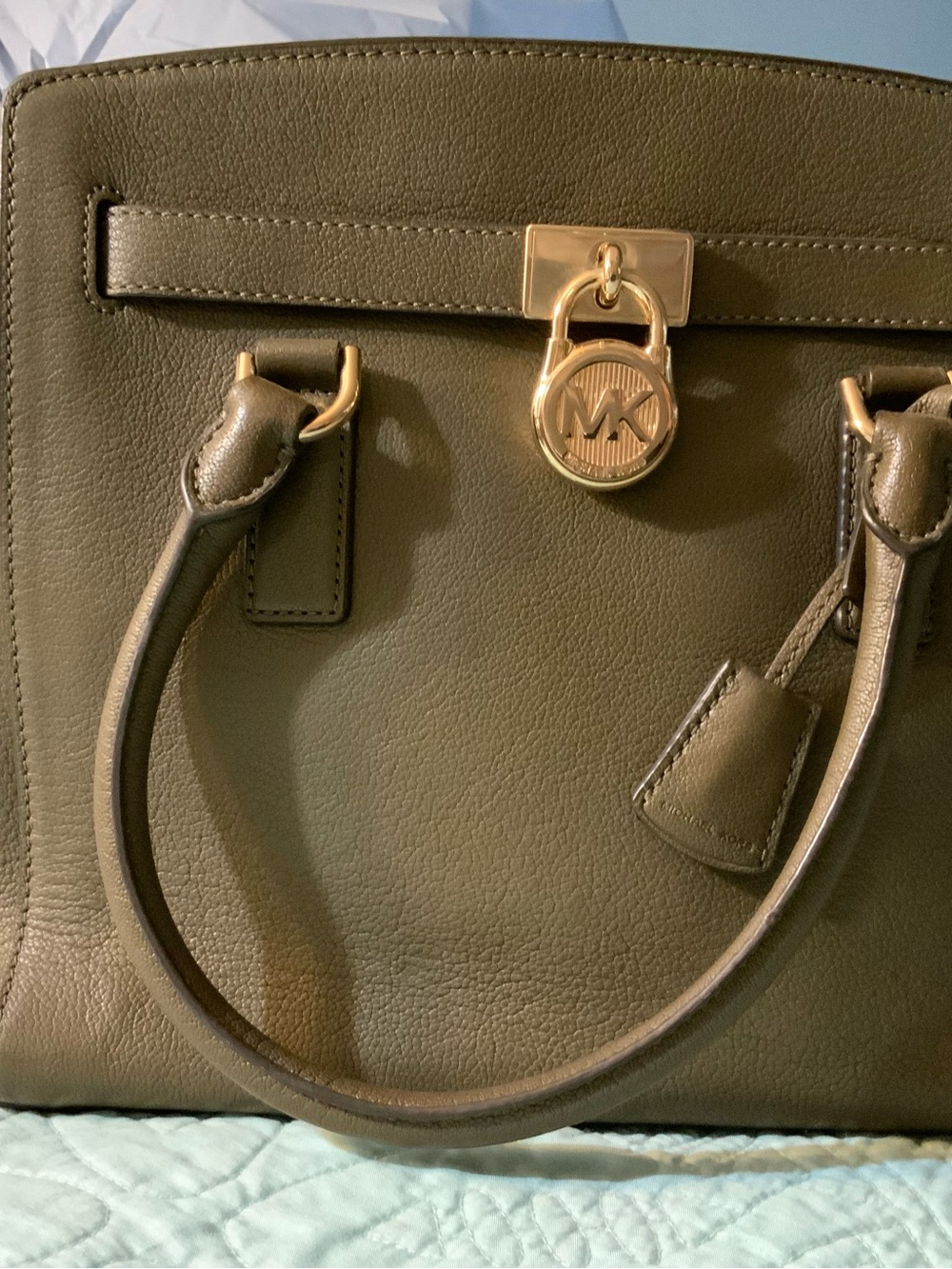 Michael Kors Olive Green Leather Satchel with Gold-Tone MK Lock